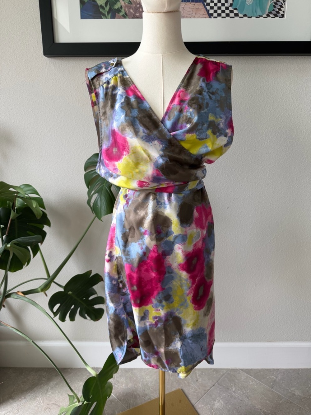 Banana Republic 100% Silk Military Shoulder Watercolor Wrap Dress size XL